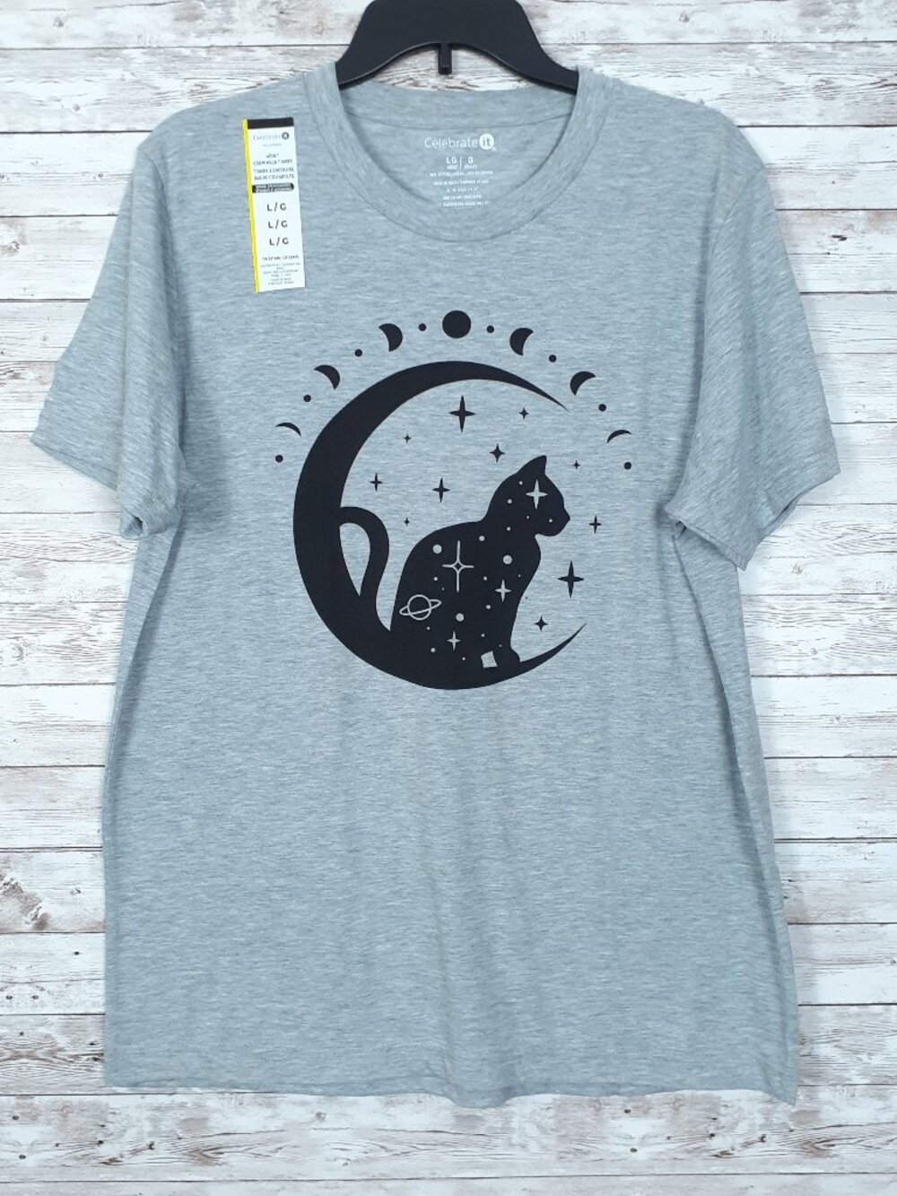 Halloween Adult Crew Neck T-Shirt L Tee Cat Moon Stars Celestial Witchy 981A - Picture 1 of 3